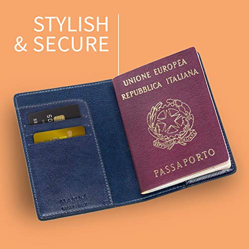 Maruse Italian Leather Passport Cover For Men And Women, Handmade In Italy, Navy Blue #TOP3