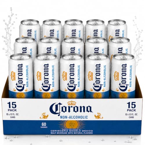 Corona Non-Alcoholic Malt Beverage 15 Pack - 12oz Cans Mexican Import Brew, Low Carb (17.5g), Low Calorie (60) - Refreshing N/A Beer for Any Occasion