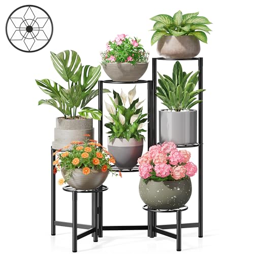 NQW 7 Tier Metal Patio Plant Stand Outdoor, Heavy Duty Flower Stands for Indoor Plants, Floding Tall Corner Shelf for Diaplay Racks for Home Decor, Graden, Balcony -BlackDiamond