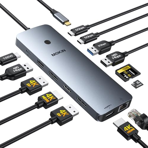 Laptop Docking Station 3 Monitors, USB C Hub with 2 HDMI 2DP, RJ45 Ethernet, 5 Gbps USB C/A, 100W PD SD/microSD for Dell/HP/Lenovo - MOKiN