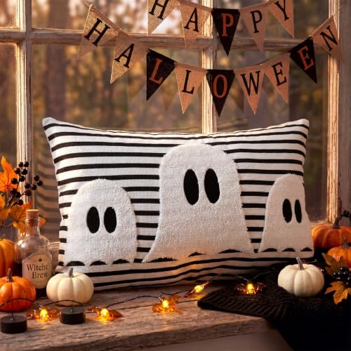 Boao Halloween Ghost Pillow Covers 12x20 Spooky Black and White Striped Lumbar Pillow Case Chenille Knit Embroidery Patchwork Farmhouse Halloween Decor Throw Cushion Case for Home Bedroom Sofa Couch