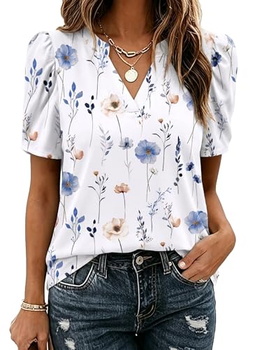 Image of Zeagoo Women Blouses Puff Short Sleeve Tops V Neck Dressy Casual Spring Shirts Boho Floral Cute Clothes 2026