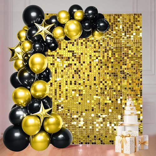 24 Pcs Gold Shimmer Wall Backdrop Panels - Ozikutech Square Gold Sequin Panels for Birthday Anniversary Parties Background Decoration