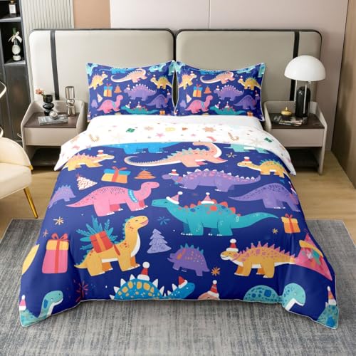 Homemissing Juego de ropa de cama con diseño de dinosaurio colorido para niños, diseño de árbol de Navidad, 100 % algodón, funda de edredón de Navidad