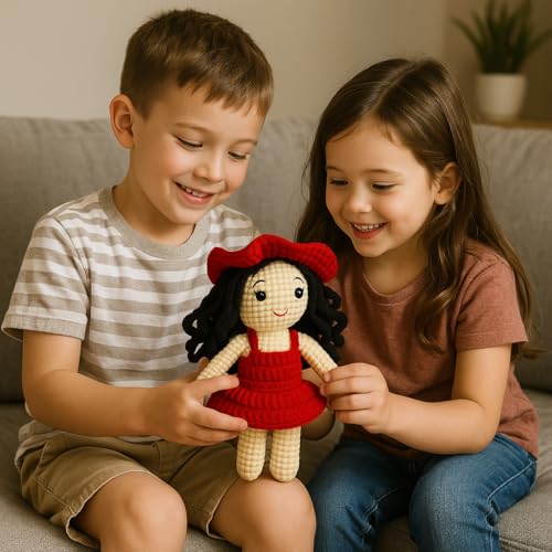 Image of Sutra Handmade Crochet Doll for Girls 3-10 Years | Amigurumi Soft Toy in Red Dress with Hat | Washable, Handcrafted Plush Doll | Perfect Birthday & Baby Shower Gift