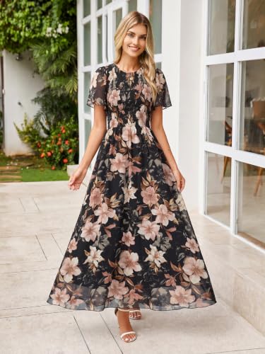 Image of Simplee Womens Casual Floral Summer Maxi Dress 2026 Boho Flowy Short Sleeve Crew Neck Vacation Smocked Chiffon Dresses