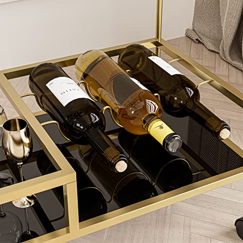 Ikifly 2-Tier Glass Bar Cart On Wheels - Metal Rolling Serving Cart With Glass Stemware Racks & Wine Bottle Holders - For Kitchen, Living Room, Dining Room - Gold / Square #TOP6