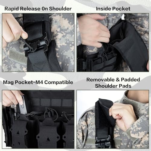 Jueachy Taktische Weste Airsoft Plattenträger: Quick Release Militär Weste Einstellbar Atmungsaktiv Beschwerte Weste für die Ausbildung - Plate Carrier Molle Schutzweste für Herren Paintball Polizei