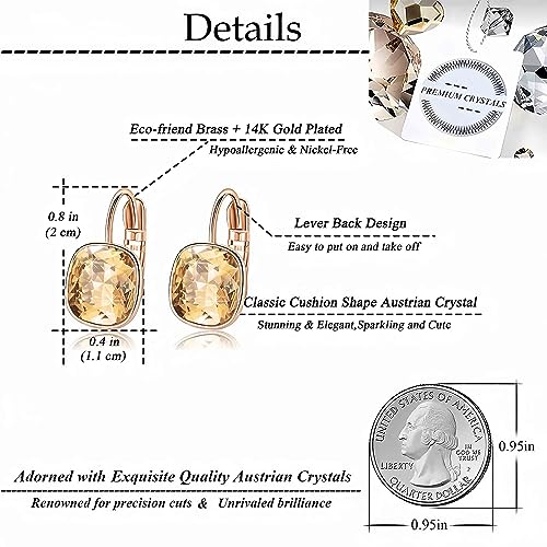 Austrian Crystal Square Cushion Drop Leverback Earrings for Women 14K Rose Gold Plated Hypoallergenic Jewelry4