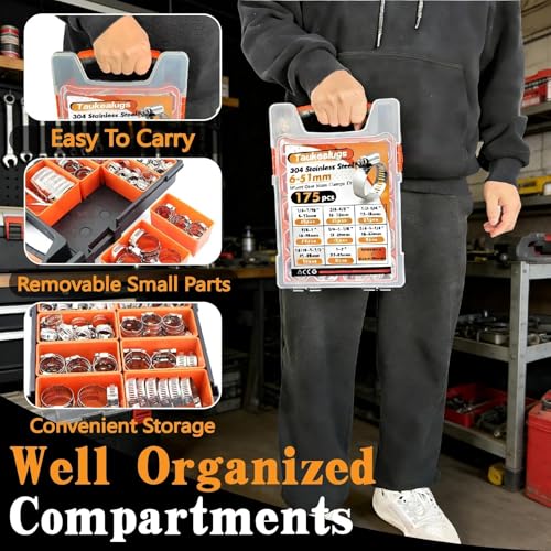 Image of 304 Stainless Steel Worm Gear Hose Clamps Assortment Kit 175PCS 1 /4 to 2 in | 8 Sizes Clamps Set for Radiator,Heater,Automotive, Marine,Fuel Line, Plumbing & DIY, Pipe,Tube, Coolant, Garden W /Case