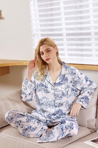 Image of YiNi LuLu Womens Silk Satin Pajamas Set Button Down 2 Piece Pjs Long Sleeve Oversized Sleepwear with Pockets