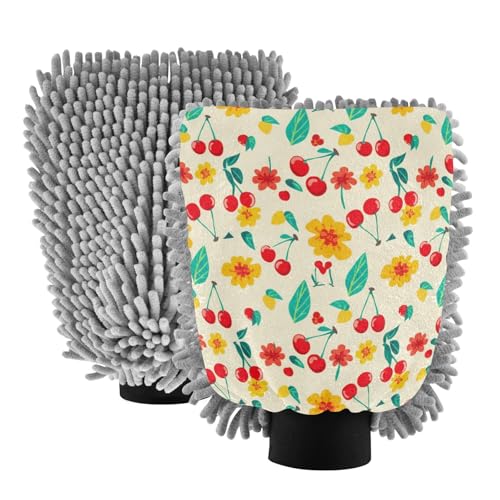 Kigai Cute Cherry-and Flower Car Wash Mitt Microfiber, 2Pcs Scratch Free Lint-Free, Premium Chenille Microfiber Mitt Car Wash Brush-L