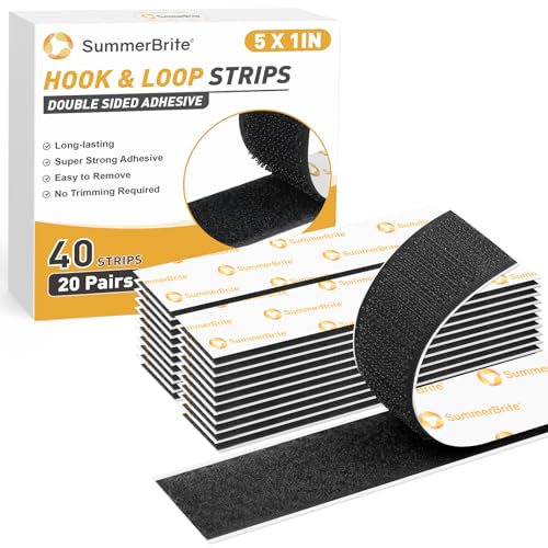 Image of SummerBrite 20 Pairs Heavy Duty Hook and Loop Strips with Adhesive, 1 x 5 Inch Industrial Strength Sticky Back Fasteners, Double Sided Mounting Tape for Walls & Home, Black