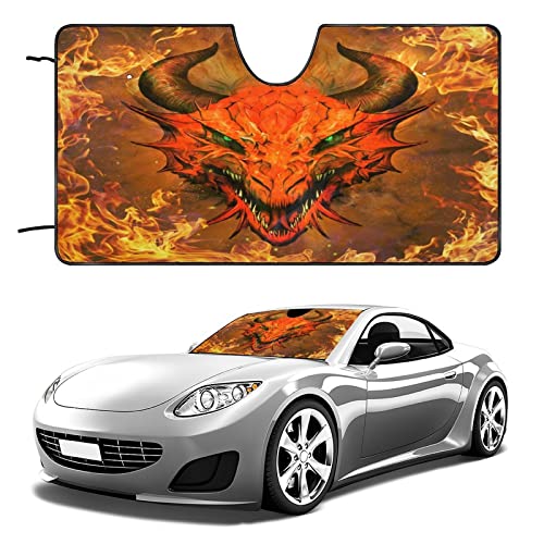 Fire Dragon Kids Car Sun Shade Windshield Fantasy Theme Flame Dragon Head Print for Most Cars 51L x 28W Inch