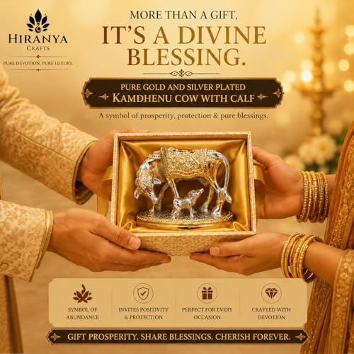 Image of 24k Gold & 999 Pure Silver Plated Kamdhenu Cow with Calf | Attracts Prosperity | Vastu Gift Wedding Housewarming | Certificate of Authenticity | Luxury Gift Box Included (Gold & Silver, 2.5 Inch)