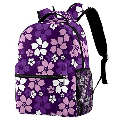 Sac à dos voyage fleurs de pêche violet avec filet gourde pour scolaire et loisirs enfants