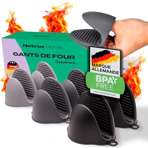 NetroxHome – 3 Paires Mini Gants Four Silicone résistants à la Chaleur 240°C – manique antidérapante, ustensile Cuisine Lave-Vaisselle, Accessoire Cuisson suspendable, idéal Barbecue