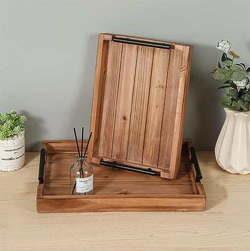 Juleduo Coffee Table Tray Decorative Nested Vintage Wood Serving Tray Set for Eating, Breakfast, Party, Kitchen, Ottoman,Tea Coffee Table Large Ottoman Trays (Wood, 2pc) by Juleduo - Image 5