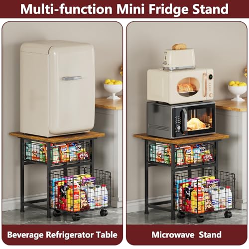 Image of Mini Fridge Stand with Storage, Small Refrigerator Stand with 2 Drawers, Mini Fridge Shelf Cabinet-Max Load 350 LBS Heavy Microwave Stand Mini Fridge Cart for Dorm, Apartment, Kitchen, (Brown)