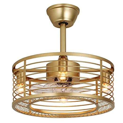 Gold Caged Ceiling Fans with Lights and Remote Control 6-Speed Reversible Noiseless Motor 18" Fandelier Ceiling Fans with Lights Bladeless Ceiling Fan Light for Bedroom Living Room Dining Room