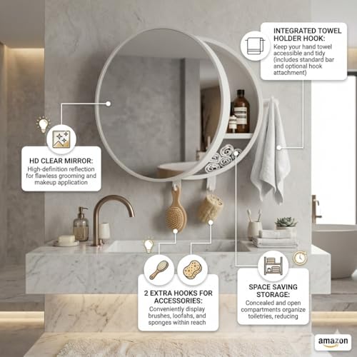 Image of BRANCO Pearl Round Bathroom Mirror Cabinet with One Towel Holder & 2 Accessories Hooks | Wall-Mounted Modern Design Cabinet with Storage | Bathroom Organizer with 6 Toothbrushed and Toothpaste Holder
