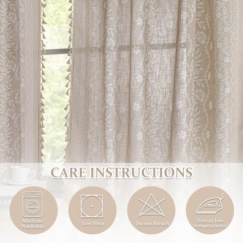 Image of MYSKY HOME Taupe Boho Floral Linen Curtains 90 Inch Length for Living Room | Light Filtering Farmhouse Bohemian Curtains for Bedroom Semi Sheer Drapes with Beige Tassels Back Tab, 50 inch Wide, 2 Panels
