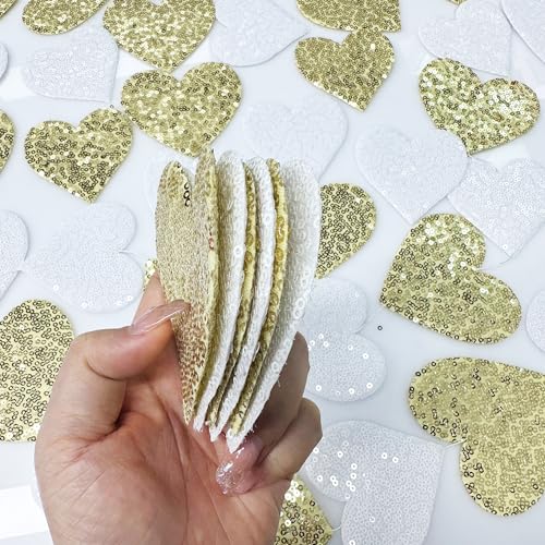 Image of Gold and White Heart Decorations Double Sided Sequin 3D Heart Hanging Wall Art Ornament Garland for Nursery Classroom Bedroom Valentines Day Holiday Christmas Weeding Anniversary Home Wall Decor