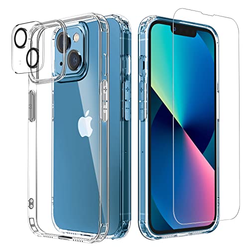 GLIMALL [5 in 1 Designed for iPhone 13 Case Clear with Screen Protector[2 Pack] + Camera Lens Protector[2 Pack], Military Grade Drop Protection Transparent Cover 6.1 Inch