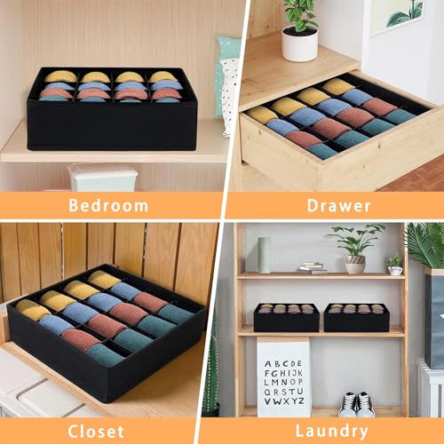 Yucch 3er Set Schubladen Organizer – Faltbare Stoffboxen für Kleiderschrank mit 24 Fächern für Socken, Krawatten und Unterhosen (Schwarz)