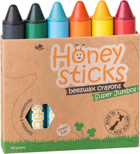Honeysticks Crayons Super Jumbo (6 unités) - 100% cire d'abeille, Couleurs Alimentaires, Non Toxiques, Incassables, Extra Grands, Faciles à tenir, écologiques, 1-3 ans