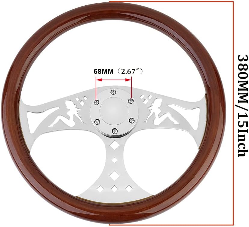 15" Car Wood Grain Steering Wheel Girl Pattern Classic Nostalgia Style Racing Wood Steering Wheel with Horn Button