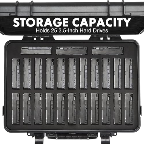 Image of Hard Drive Case Fits 25-Bay Protection 3.5 inch HDD | High-Density Protective Foam | External Hard Drive Organizer Storage Box Travel Carrying Suitcase with Handle