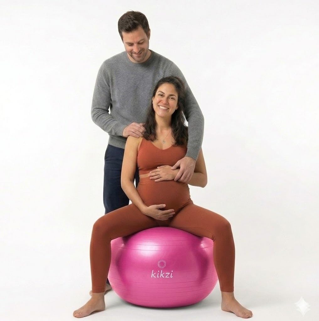 Kikzi Yoga Exercise Gym Ball, 3 Sizes Pregnancy Ball for Balance, Fitness, Anti-Burst Birthing & Heavy Duty Ball Chair with Pump (Pink, 75CM)