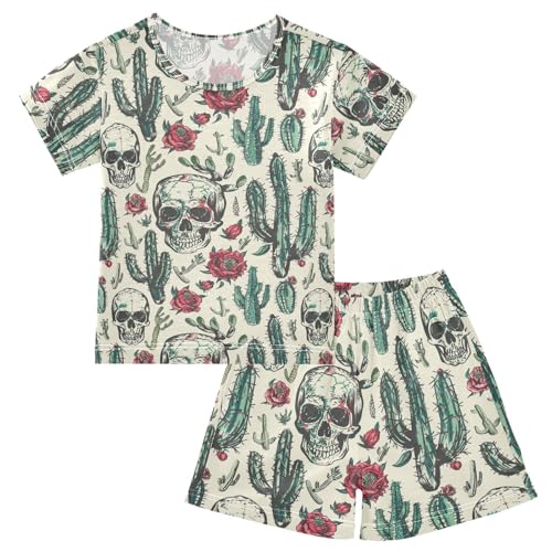 ALAZA Cactus Skulls Flowers Pajama Set Short Sleeve Sleepwear Soft Lounge Nightwear