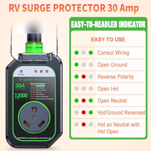 Image of GEARGO RV Surge Protectors 30 Amp, 12000 Joules RV Circuit Analyzer, IP68 Surge Voltage Protection, RV Adapter Plug for Camper (Green)