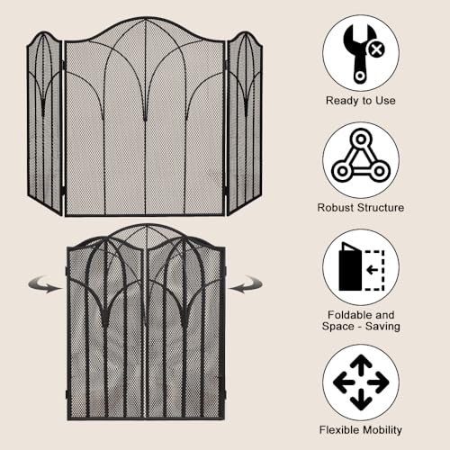 Image of Hogardeck 3 Panel Fireplace Screen, 48 inch x 30 inch Fireplace Cover for Living Room, Decorative Wrought Iron Fire Place Gate for Brick Fireplace, Baby Proof, Pet Safety