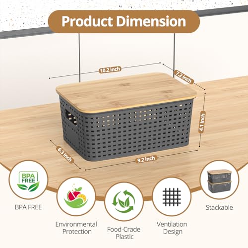 ZFTMRR Plastic Storage Baskets with Bamboo Lids, Stackable Small Box Bins for Organizing and Containers for Shelves Drawers Desktop Closet Pantry Classroom Office Home, 6 Pack 10.2x7.2x4.1 Inch, Gray — view 2