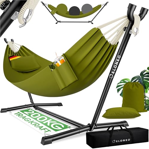 ELONEO Hängematte mit Gestell für 2 Personen | 200 kg Belastbarkeit | höhenverstellbares Hängemattengestell Outdoor und Indoor | Hammock inklusive Kissen Tragetasche und Beutel