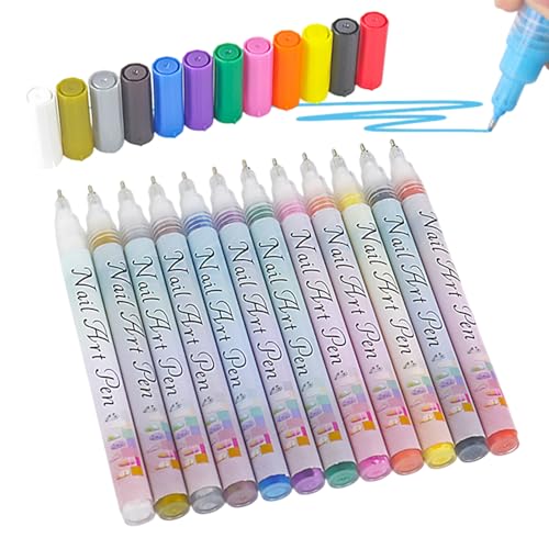 マニキュアペン | ネイル絵付けペン 12色セット 防水アクリル絵具使用 0.5mm極細マーカーで抽象線渦巻波細密花絵が自由に描ける 水ベース配方でネイルに優しい 女性の自宅用ネイルアートグラフィティセット