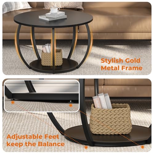 Image of GreenForest Round Coffee Table with 2-Tier Open Storage, 27.6 inch Small Circle Coffee Tables with Adjustable Feet, Modern Mini Center Table for Small Living Room, Black