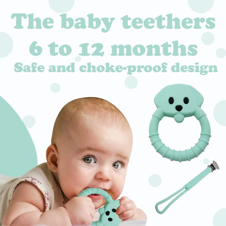 Image of Gadgetime USA Baby Teething Toy Set - Includes Green Pacifier Clip & Bear Teether - Silicone Chew Toys for Infants Newborns - BPA Free Freezer Safe