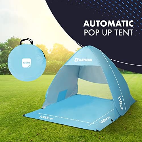 Kayman Pop Up Beach Tent - UPF 50+ for UV Protection for 3-4 Person with Carrying Travel Bag, Windproof Beach Sun Shelter with Zipper Door, Suitable for Family and Dog, Park, Garden and Beach (Blue)