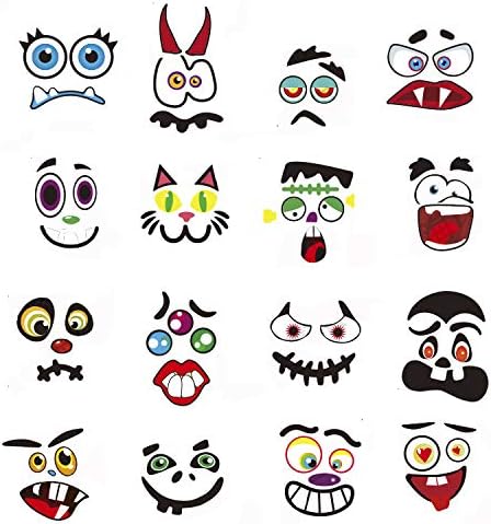 16 Sets Halloween Pumpkin Decorating Stickers, Jack-O-Lantern Face Decals Kit for Pumpkins and Squashes Pumpkin Face Stickers for Parties, Kids, School or Other Halloween-Themed Activities