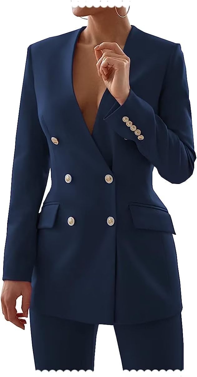 2 Piece Business Suit for Women Double Breasted Blazer Pant Formal Suits Professional