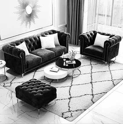 Image of Modern Classic 4 Seater Velvet Button Tufted 3+1+1Footrest Chesterfield Sofa for Living Room and Office (Pillows Not Included) (Black)