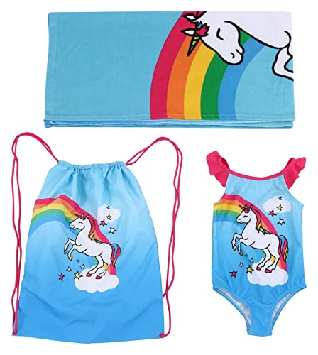 Image of Flamingo Girls One Piece Bathing Suit Beach Bag and Towel 3 Swimsuit Set Toddler