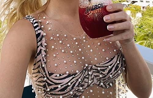 Picpunmak Women Pearl Rhinestone Mesh Tank Tops Diamond Sexy See Through Sheer Sleeveless Blouse Rave Crop Top Clubwear Apricot #TOP2