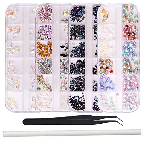 WOKOTO 4 Box Nail Rhinestones And Charms Kit Black Mix-Shape Ab Rhinestones Flat Back Mix-Shape Nail Jewels Clear Crystals Colorful Pearls With Tweezers And Picker Pencil