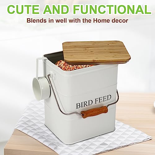 Brabtod Bird Seeds storage container, Metal food tin for Birds, pet snacks Canisters with wooden lid/handle/sevice scoop,hold 5-6 lbs