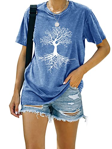 Women Life Tree Shirt Plant Graphic Tees Outdoor Nature Hiking Camping Short Sleeve Top (A-Blue, Medium) #TOP6